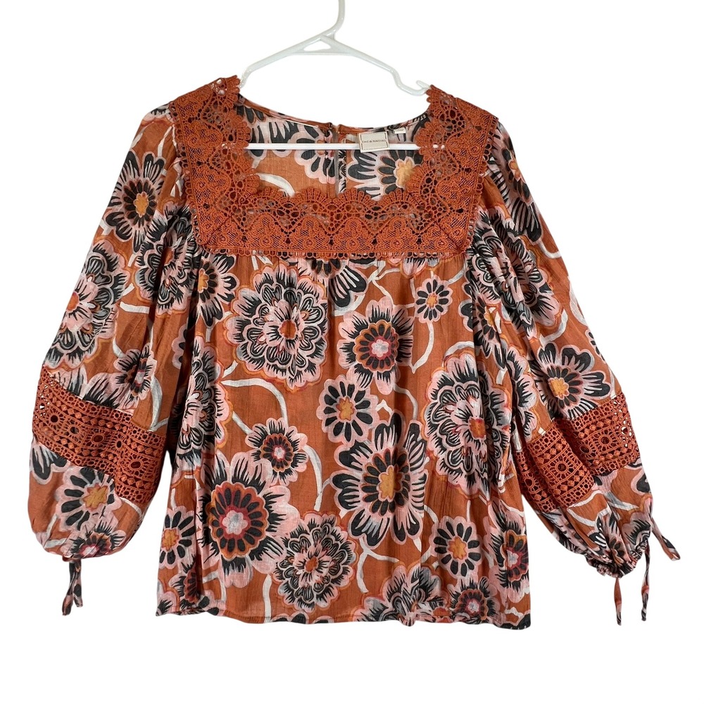 Zac & Rachel Blouse Womens Large Orange Floral Crochet Lace Square Neck Boho Top